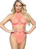Crop top and panty, halterneck, crochet lace, thin straps